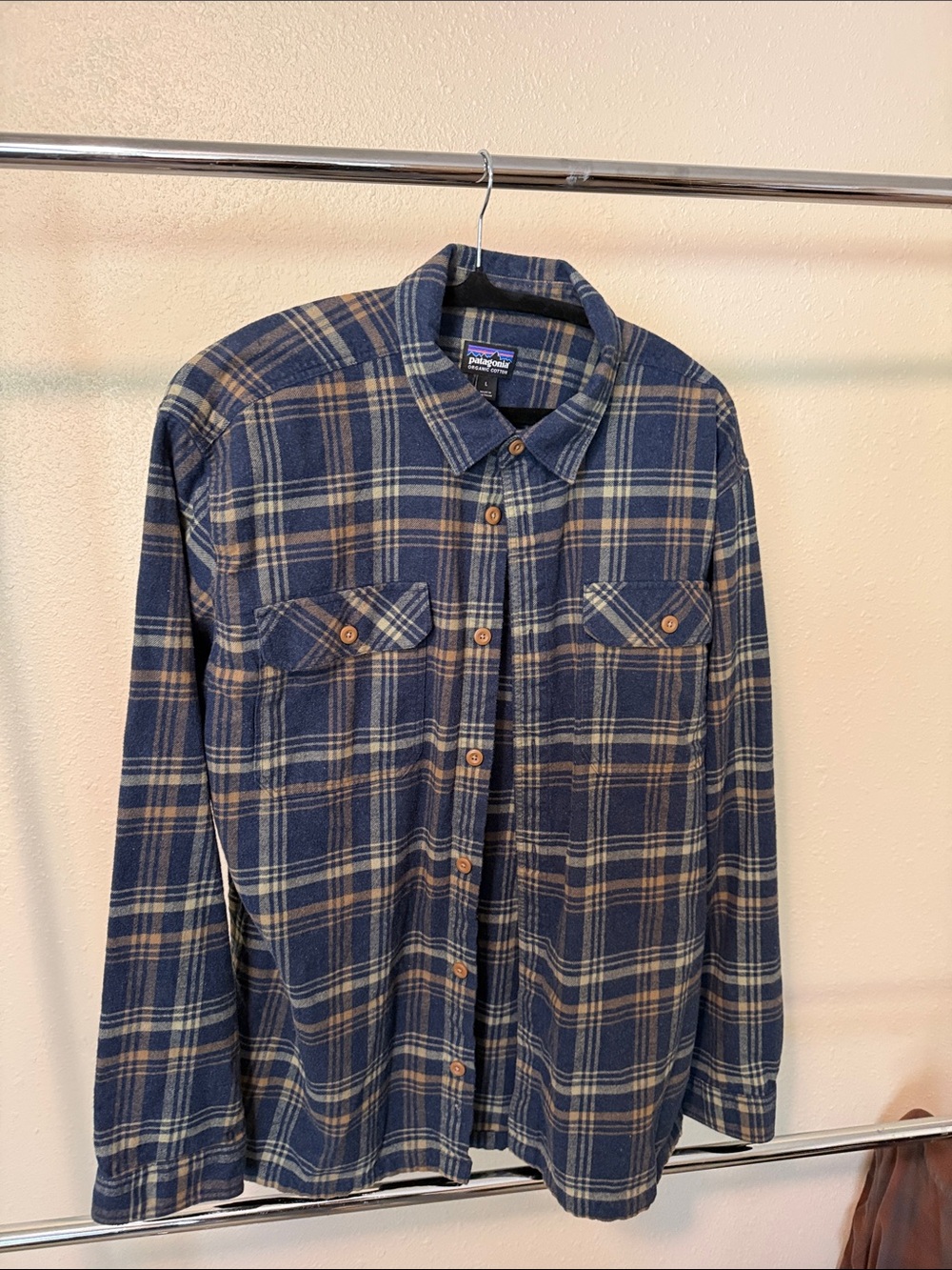 Patagonia Navy and Tan Plaid Button-Front Flannel Shirt